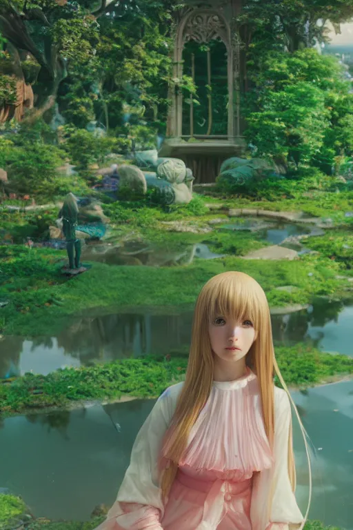 Prompt: Cinestill 800t, 8K, highly detailed, moebius seinen manga 3/4 closeup portrait, clear eyes, focus on art nouveau fairy dress model, tilt shift zaha hadid style anime background: famous moebius anime remake, Garden pond scene