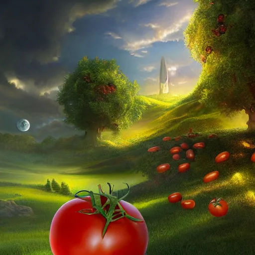 Image similar to a beautiful matte painting of a very beautiful tomato in a fantasy landscape, by steve argyle and mark arian