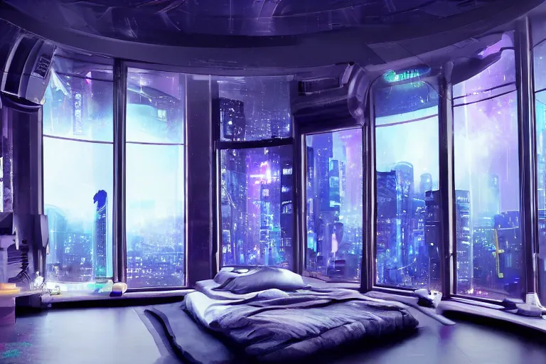 Image similar to a futuristic bedroom with large curved ceiling high windows looking out to a far future cyberpunk cityscape, cyberpunk neon lights, raining, scifi