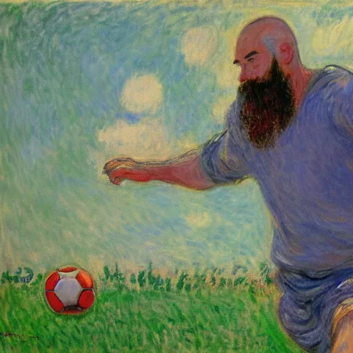 Image similar to monet painting of a bearded man with shaved head kissing a soccer ball, intimate, beautiful, highly detailed, realistic,