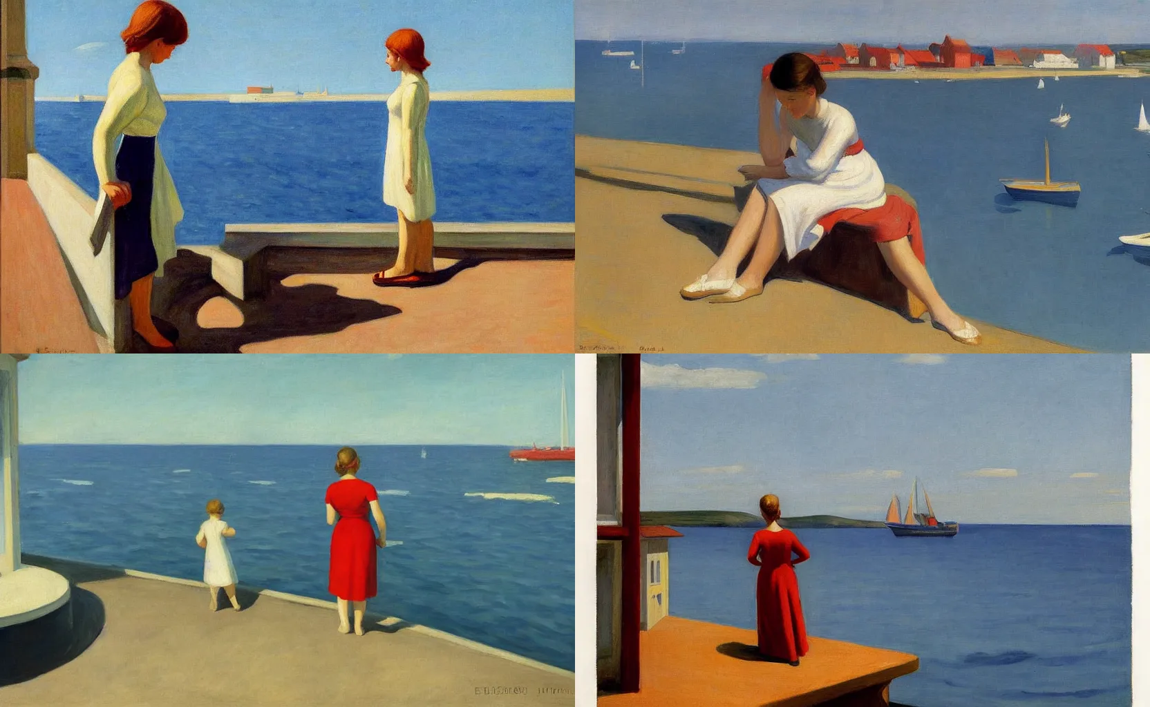 Prompt: a girl looks out at sea from a quaint port, painting by Edward Hopper