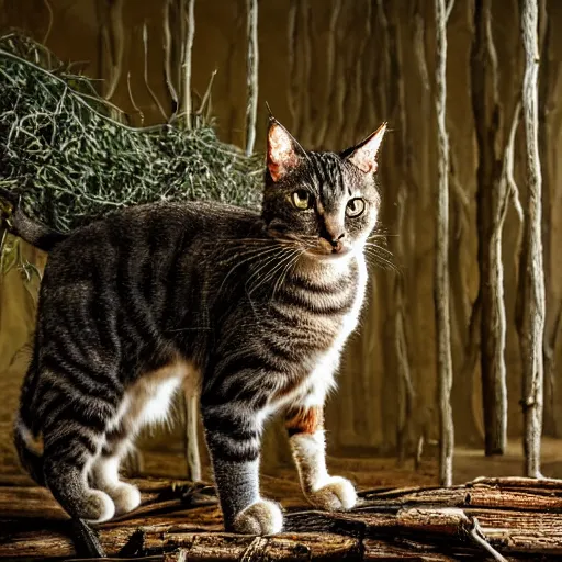 Prompt: a highly detailed cat made entirely of sticks, standing in a clearing in a forest. There is a ray of sunlight shining on it. Faded colors, calm, green feelings