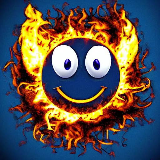 Image similar to a smiley face emoticon wreathed in flames, clip art, deep fried