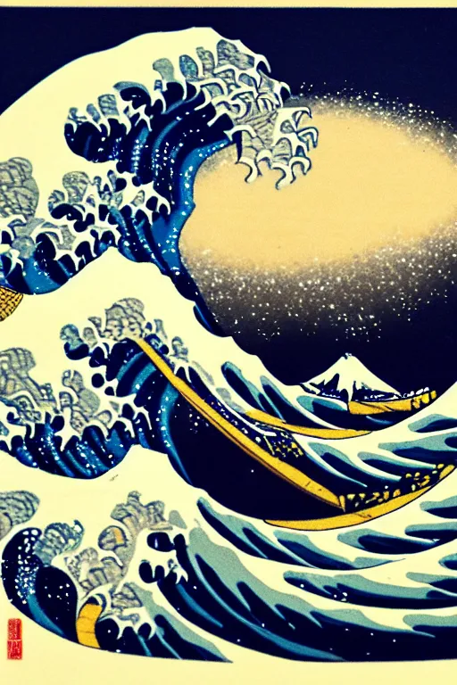 Image similar to The Great Wave off Kanagawa, Moon in the background, fine art photography