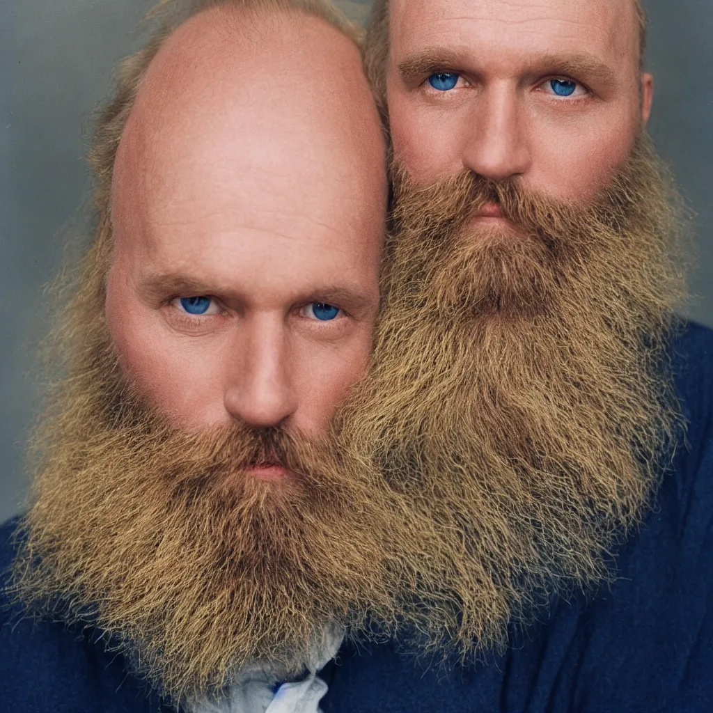 Image similar to color 35mm film still of a balding, middle aged blond man with a full blond beard and dark blue eyes, figure portrait