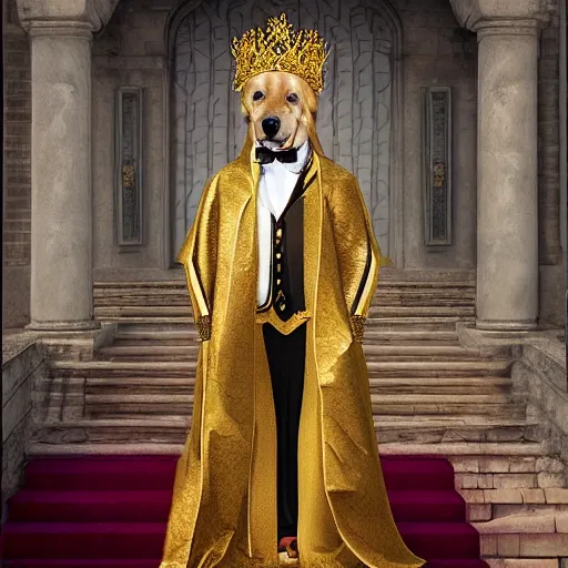 Image similar to Photomanipulation of golden retriver is dressed as a king, Royal standing, ultrarealism, photorealism, detailed, crown and gown