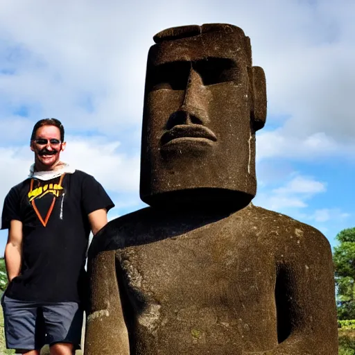 Image similar to man with a moai statue for a head doing a kickflip