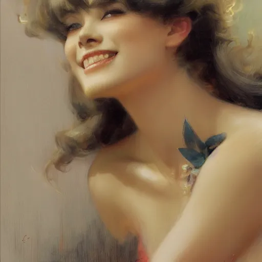 Prompt: a high fashion studio stunning portrait of a beautiful anime girl, smiling, painting by gaston bussiere, craig mullins, j. c. leyendecker