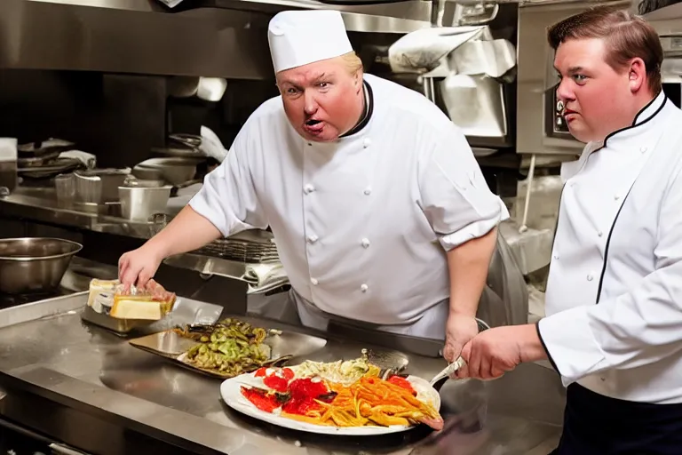 Image similar to high quality photo of fat Donald Trump working as a cook at a diner. He he is cooking on a griddle. He is yelling and making a mess. Food is going everywhere. Dimly lit