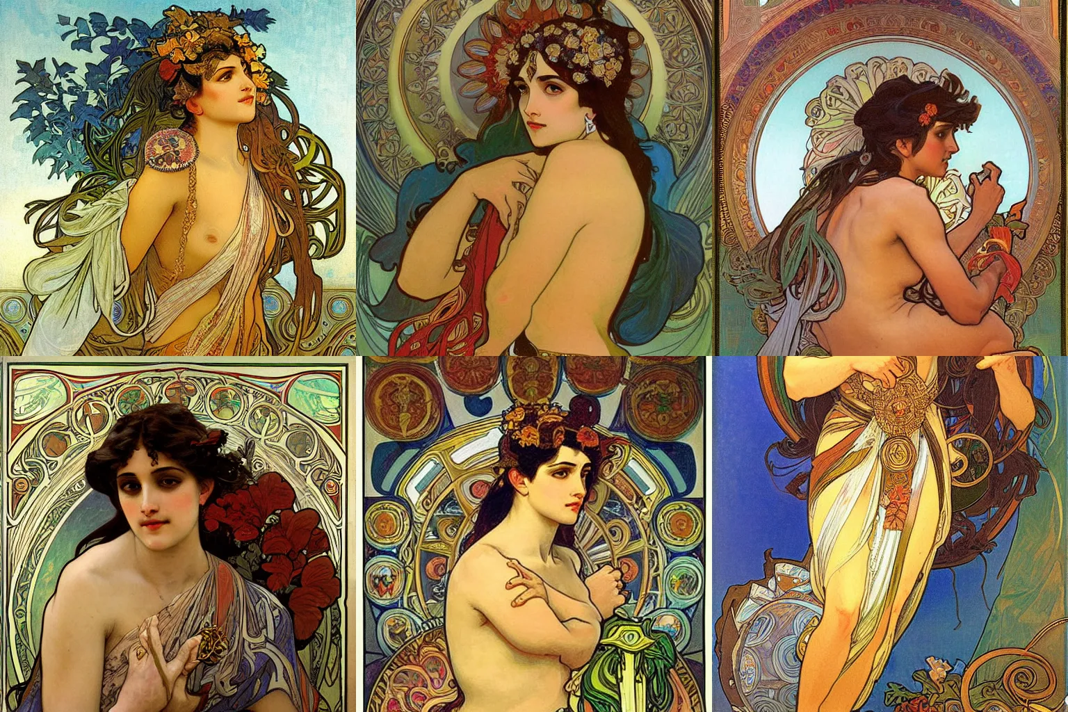 Prompt: Phalguna, by Alphonse Mucha, oil painting on canvas