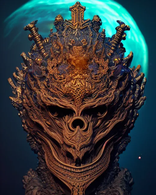 Image similar to 3 d ornate carved dark cosmic king with profile portrait, sigma 5 0 0 mm f / 5. beautiful intricate highly detailed quetzalcoatl skull. bioluminescent, plasma, lava, ice, water, wind, creature, thunderstorm! artwork by tooth wu and wlop and beeple and greg rutkowski, 8 k trending on artstation