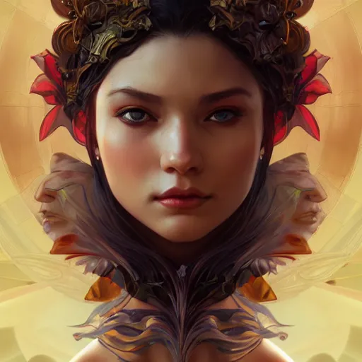 Image similar to perfectly - centered portrait of demon goddess, beautiful, gorgeous, highly detailed, professional digital painting, unreal engine 5, photorealism, hd quality, 8 k resolution, cinema 4 d, 3 d, cinematic, art by artgerm and greg rutkowski and alphonse mucha and loish and wlop