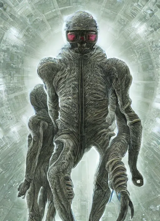 Image similar to astronauts in the dark infinite underwater void - complex and hyperdetailed technical suit, fabric material. reflection and dispersion materials. rays and dispersion of light. volumetric light. wide angle, f / 3 2. noise film photo. flash photography. ultra realistic, wide angle. poster by wayne barlowe, hajime sorayama aaron horkey, craig mullins