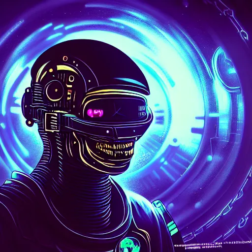 Image similar to A cyberpunk space pirate warping time and space, wearing menacing skull space helmet, trading illegal goods, protomolecule, magic mushrooms, psilocybin, LSD, skull full face helmet, space helmet, futuristic, blade runner, detailed, intricate, elegant, highly detailed, digital painting, artstation, concept art, smooth, sharp focus, akira style illustration, art by Krenz Cushart and Artem Demura and Alphonse Mucha