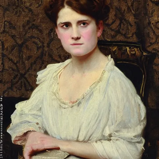 Image similar to young victorian lady being annoyed, painted by alfred stevens