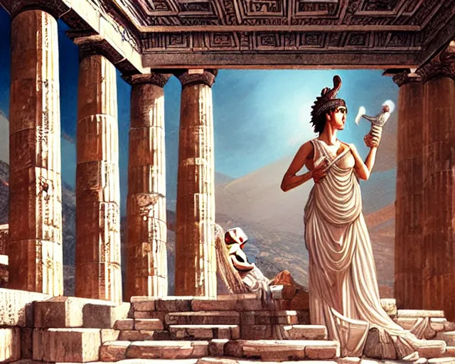 Image similar to Athena in the Athena Temple in Greece, highly detailed, intricate architecture, sharp focus, travel art by Artgerm and Greg Rutkowski and WLOP