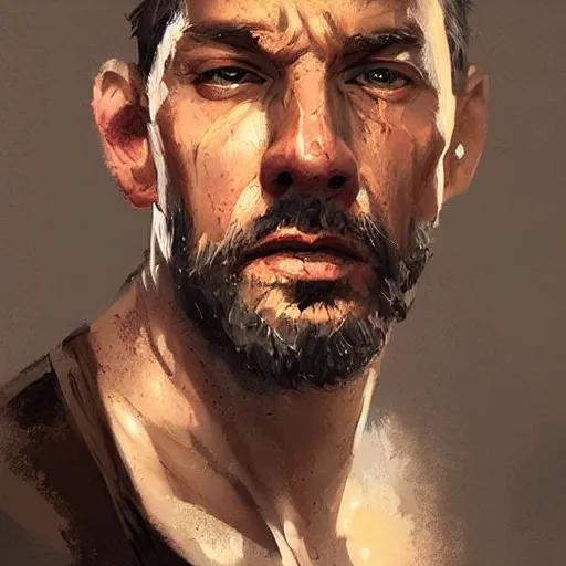 Image similar to Portrait of a man by Greg Rutkowski, he is about 40 years old, southern slav features, messy brown short hair, strong and tall, tired expression, he is a black tank top, highly detailed portrait, digital painting, artstation, concept art, smooth, sharp foccus ilustration, Artstation HQ.