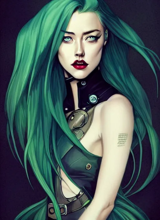 Image similar to style artgerm, joshua middleton, amber heard with green dress, very long blue hair, symmetrical face, symmetrical eyes, steampunk western gunslinger with cyborg arm, cinematic lighting