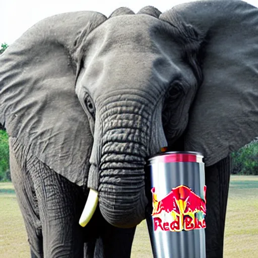 Prompt: a photo of an elephant drinking a giant red bull