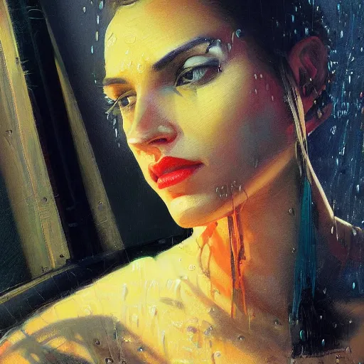 Prompt: detailed face of a woman clothed wrapped in textiles, lush, opulent, parallel shafts, utopian, tech noir, wet reflections, prism, atmospheric, ambient, pj crook, syd mead, livia prima, artgerm, greg rutkowski, nick alm, casey baugh