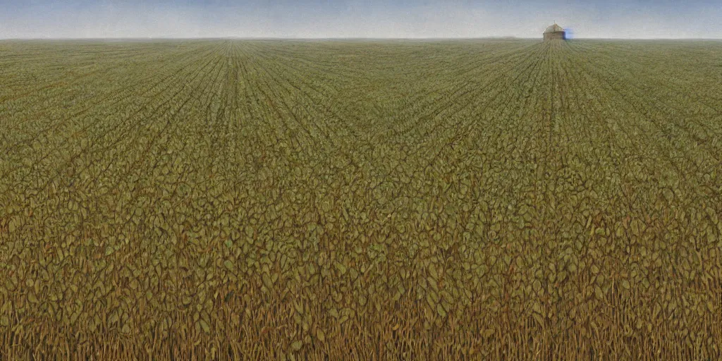 Image similar to Artwork by John Howe of an insect-covered field of crops