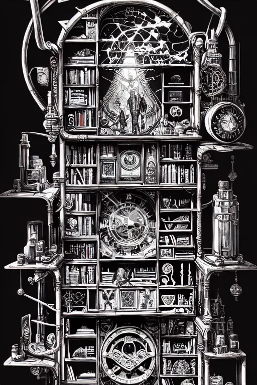 Image similar to a majestic steampunk alchemists bookshelf, two point perspective, furniture, high details, bold line art, by vincent di fate and joe fenton, inking, etching, screen print, masterpiece, trending on artstation, sharp, high contrast, hyper - detailed,, hd, 4 k, 8 k