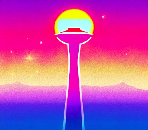 Prompt: a beautiful and immaculate balanced vaporwave ombre scene depicting outrun style seattle and the space needle