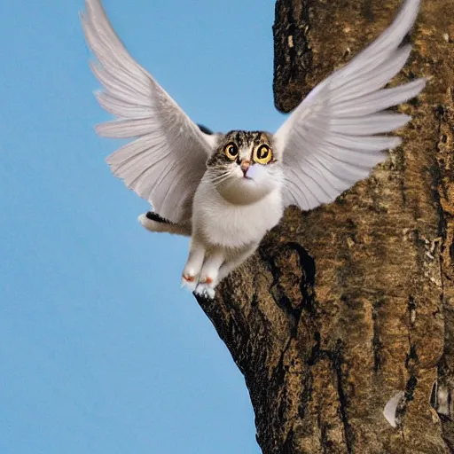 Image similar to award winning nature photo of a flying cat with dove wings, 4k, sharp, corrected