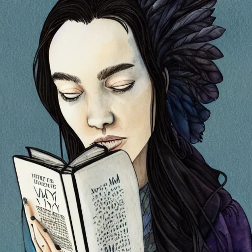 Image similar to full body detailed watercolor illustration of alien anya taylor - joy mixed with jennifer connelly, reading a book, unsettling, hooded long black feathered cloak, uncanny valley, with black feathers instead of hair, gothic, guillermo del toro, gray mottled skin, pale and sickly, profile view, - - ar 9 : 1 6