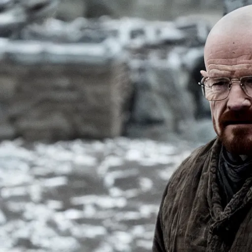 Prompt: Walter White having a cameo in Game Of Thrones, film footage