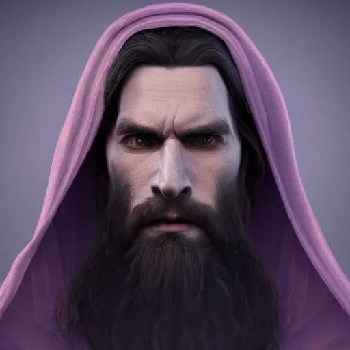 Image similar to a highly detailed portrait of a man without a beard, purple eyes, light gray long hair, wearing a black cloak, artstation, DeviantArt, professional, octane render