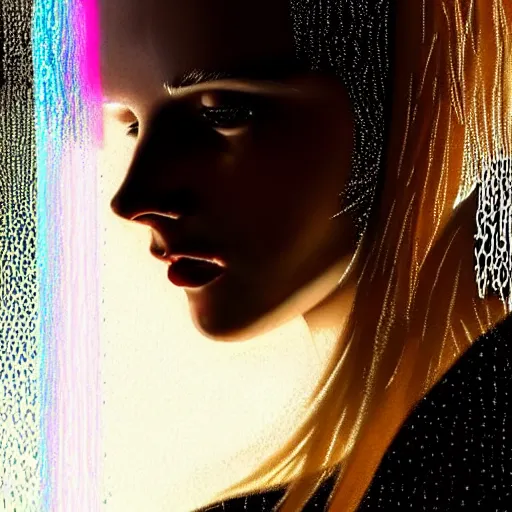 Image similar to bright asthetic portrait LSD glowing backlit rain on face and wet hair in strands, overhead lighting, fantasy, intricate, elegant, dramatic lighting, highly detailed, lifelike, photorealistic, digital painting, artstation, illustration, concept art, smooth, sharp focus, art by John Collier and Albert Aublet and Krenz Cushart and Artem Demura and Alphonse Mucha