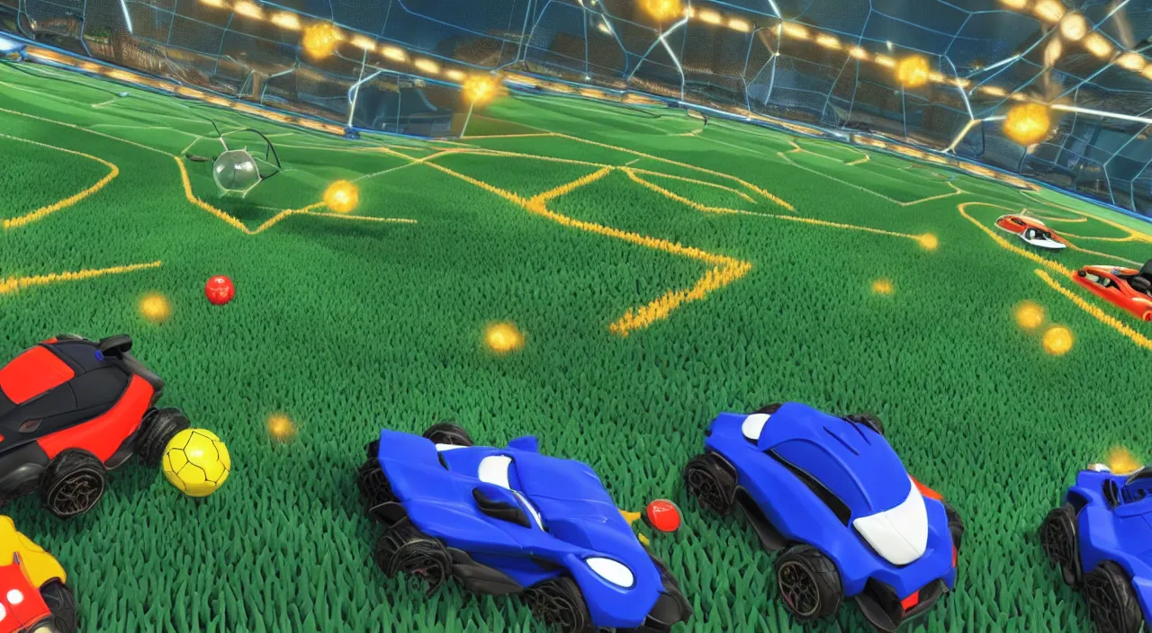 Image similar to a game of rocket league where the two cars have to stop due to a group of lost japanese tourists wandering across the field