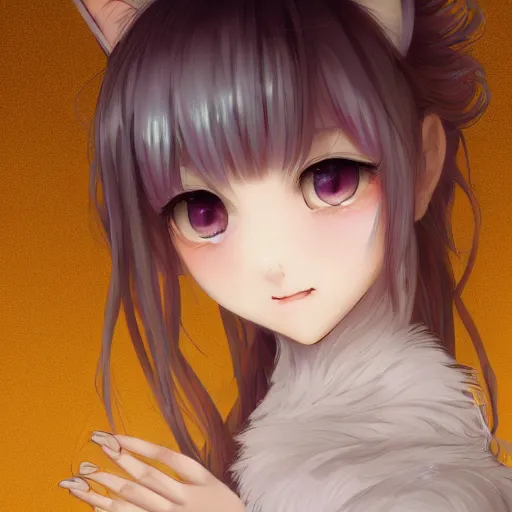 Prompt: very beautiful!!!!!! digital painting of a blushing silver-haired cat girl on golden background masterpiece!!!!!!, neko, maid, wlop, cinematic lighting, highly detailed, digital painting, artstation, concept art, smooth, sharp focus, illustration, art by Akihiko Yoshida, Greg Rutkowski and Alphonse Mucha 4k, 8k, ultra HD, render in octane