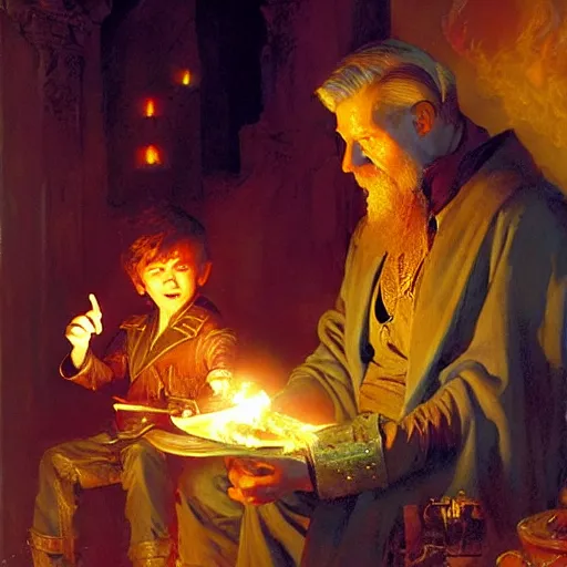 Prompt: stunning male master wizard teaching his son how to cast fire spell, highly detailed painting by gaston bussiere, craig mullins, j. c. leyendecker, 8 k