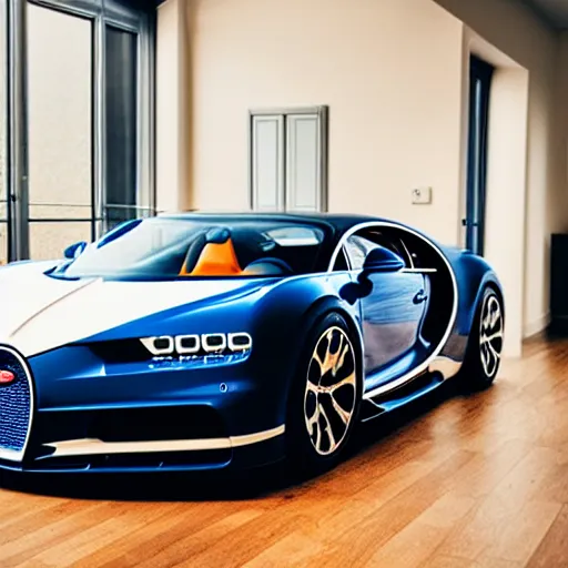 Image similar to High-quality photography of a Bugatti Chiron in an livingroom on dining table, shot on iPhone