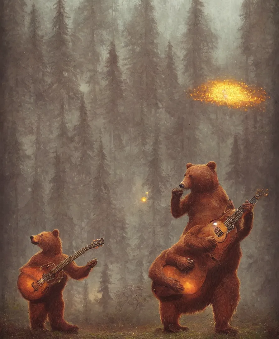 Image similar to realistic bear playing guitar, illustrated by Simon Stålenhag and Gaston Bussiere, intricate, ultra detailed, photorealistic, trending on artstation