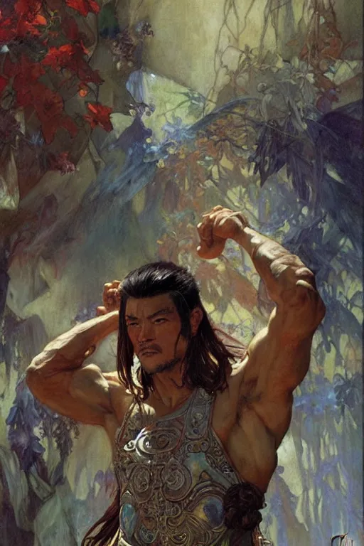 Image similar to attractive muscular man, wuxia, colorful, painting by gaston bussiere, craig mullins, greg rutkowski, alphonse mucha