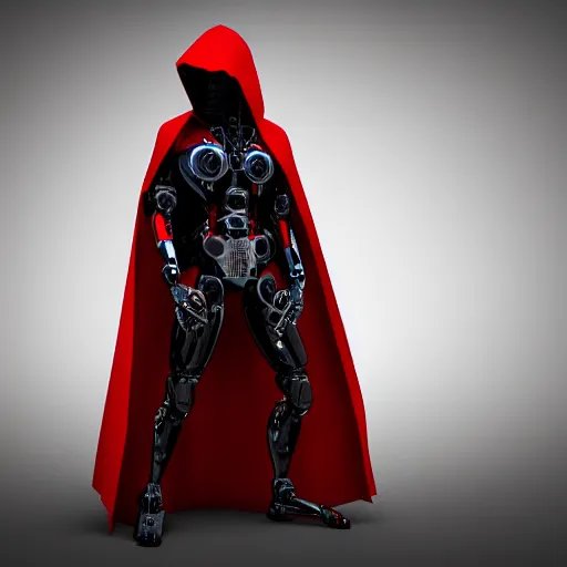 Prompt: A robotic character with red eyes, a dark hood and cloak, ominous, 8k, render