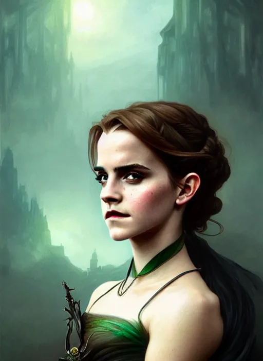 Prompt: portrait of emma watson as a vampire queen, jewelry, greek, emerald, intricate, headshot, highly detailed, digital painting, artstation, concept art, sharp focus, cinematic lighting, illustration, art by artgerm and greg rutkowski, alphonse mucha, cgsociety