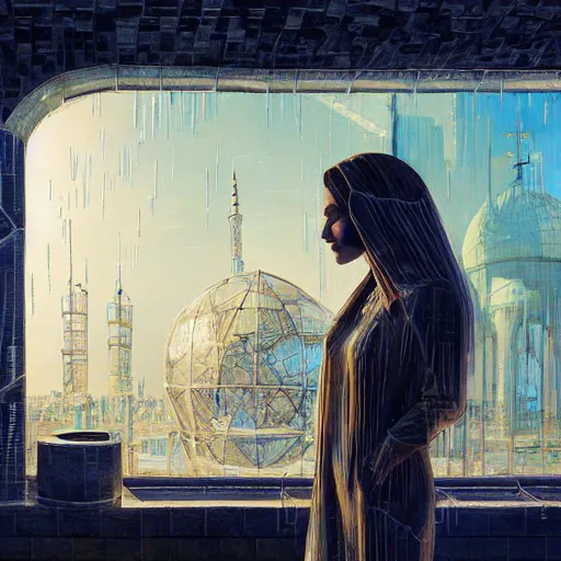 Image similar to detailed face of an arabic woman, opulent wireframe courtyard, moment, tectonic sky, skydome, reactor, utopian, tech noir, wet reflections, prism, atmospheric, ambient, pj crook, syd mead, livia prima, artgerm, greg rutkowski, nick alm, casey baugh