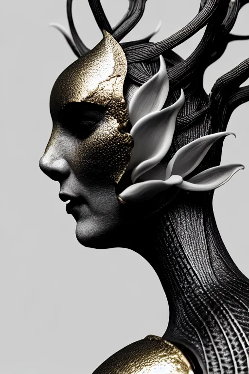 Image similar to bw contrasted close - up profile face, black background, beautiful young porcelain vegetal - dragon - cyborg - female, 1 5 0 mm, beautiful natural soft rim light, silver gold details, magnolia leaves and stems, roots, mandelbot fractal, elegant, ultra detailed, white metallic armour, octane render, h. r. giger style