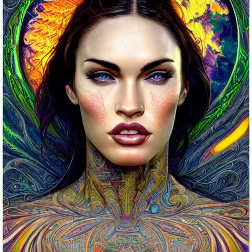 Image similar to portrait of megan fox, hyper detailed masterpiece, neon floral pattern, jean giraud, digital art painting, darkwave goth aesthetic, psychedelic, artgerm, donato giancola and tom bagshaw