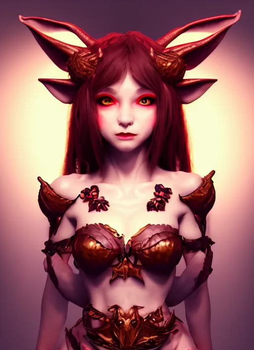 Image similar to imp demon goddess, cute elf ears, strapless dress, character portrait in the style of thomas river and artgerm, cinematic lighting, hyperdetailed, 8 k realistic, symmetrical, global illumination, radiant light,, frostbite 3 engine, cryengine, dof, trending on artstation, digital art, chanel