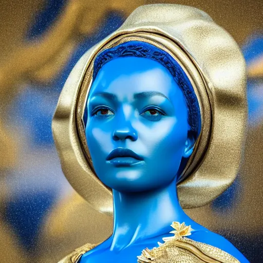 Image similar to a blue marble statue masterpiece of a gorgeous woman made from blue marble with white and gold, macro detailed oily skin. highly detailed, sharpness. victorian dress. hyper realistic., close up, face only, portrait, bright lights, bright render, octane render, corona render