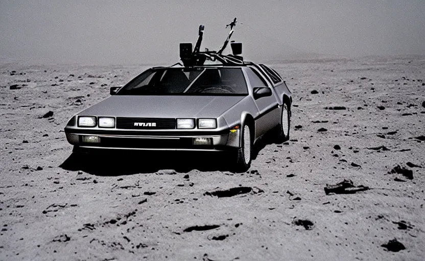 Image similar to a delorean on the moon taken from a super 8 camera, retro, album cover, 8 0 s