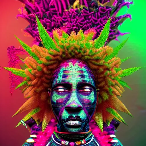 Image similar to an african marijuanna! shaman with an afro made of flowers, third eye art art by machina infinitum, complexity from simplicity, rendered in octane, mandelbulb 3 d, ambient occlusion, macro photography, felt!!! texture, tribal, neon! retrowave