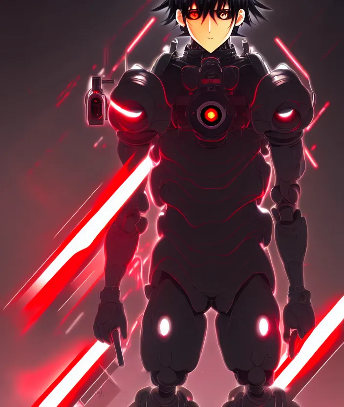 Image similar to a detailed manga illustration character full body portrait of a dark haired cyborg anime man who has a red mechanical eye, trending on artstation, digital art, 4 k resolution, detailed, high quality, sharp focus, hq artwork, insane detail, concept art, character concept, character illustration, full body illustration, cinematic, dramatic lighting