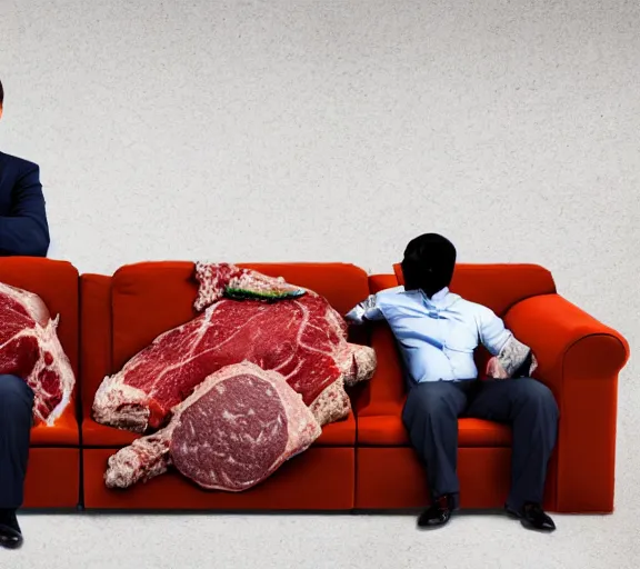 Image similar to realistic photograph of couch made out of meat, business men sitting on couch made out of meat and talking,