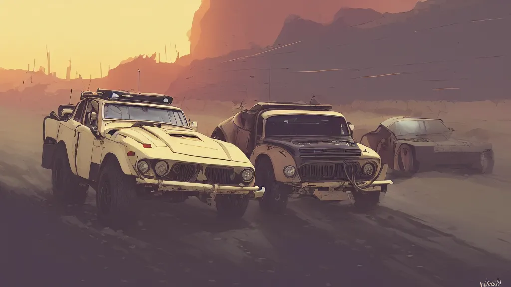 Image similar to digital illustration of mad max's fj 4 0 pursuit special, the last v 8 interceptor driving down a deserted valhalla highway in the middle of the day by studio ghibli, anime style year 2 0 9 3, by makoto shinkai, ilya kuvshinov, lois van baarle, rossdraws, basquiat